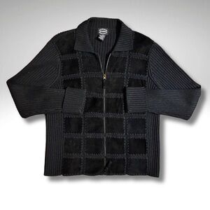 Vintage Black Genuine Leather Suede Front Knit Sleeve Zip Up Jacket